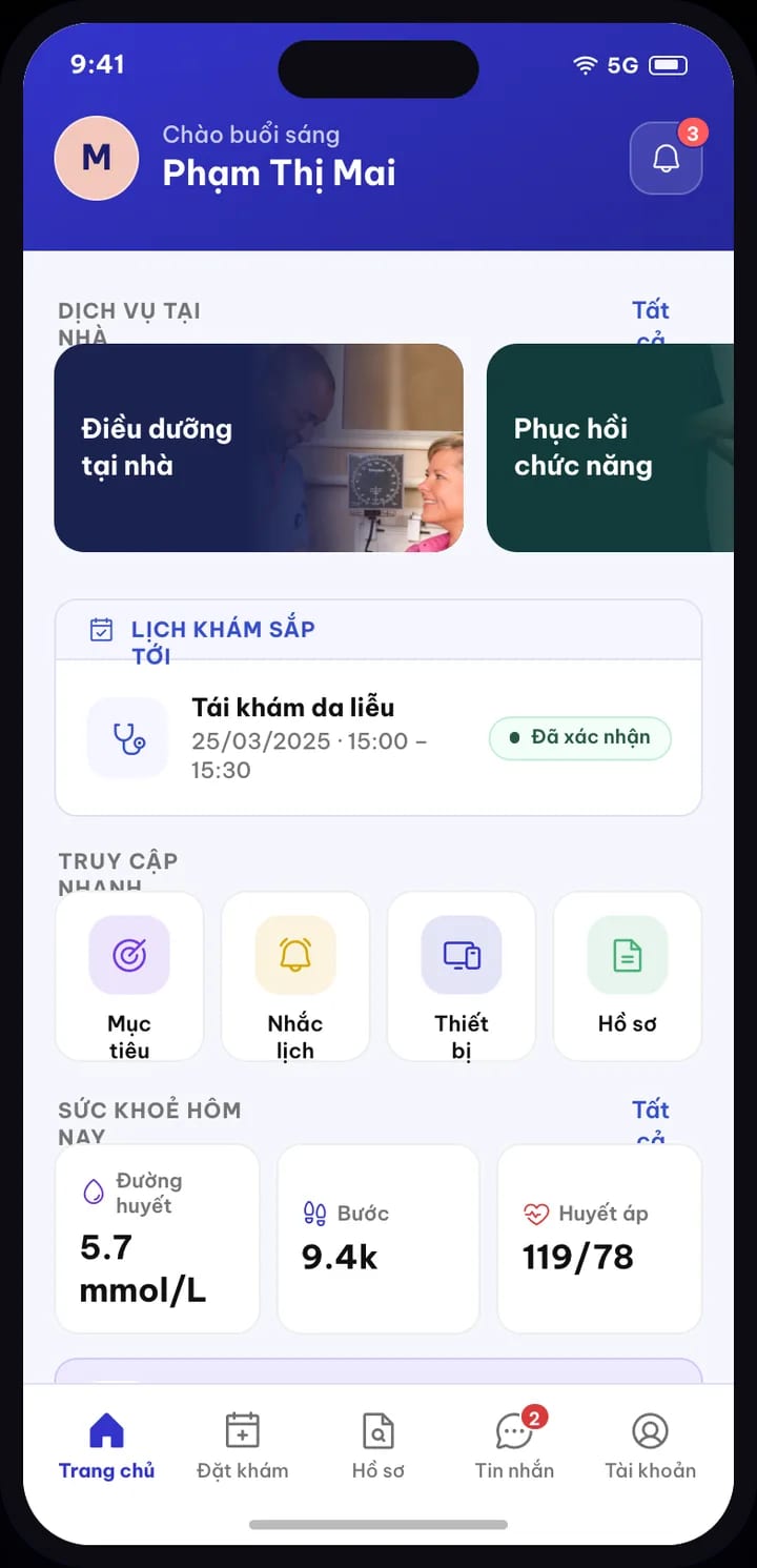 Màn hình chính của ứng dụng người bệnh MedAgents